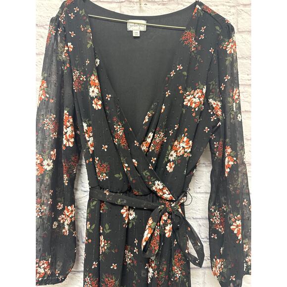 Premier Amour Black Floral Long Sleeve Wrap Maxi Dress Tie Belt SZ 14 - Picture 1 of 5